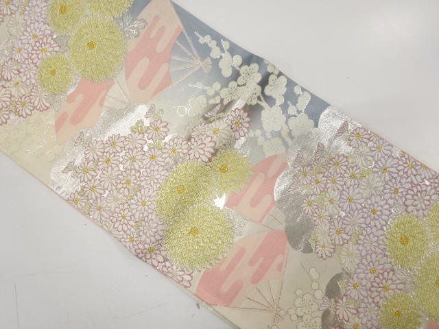 アンティーク　扇面にヱ霞・菊・梅模様織り出し袋帯（材料）